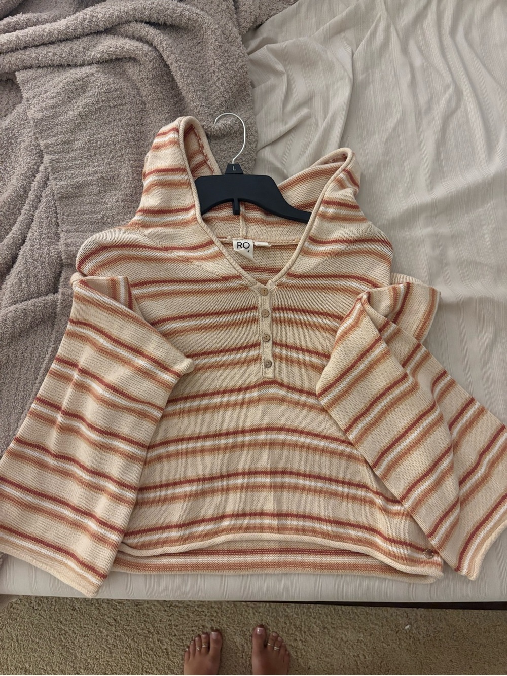Roxy Cream Hooded Henley Sweater with Rust Stripes